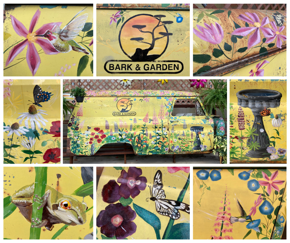 Business logo, perennial flowers, pollinators, and wildlife painted with enamel paint on a van panel.